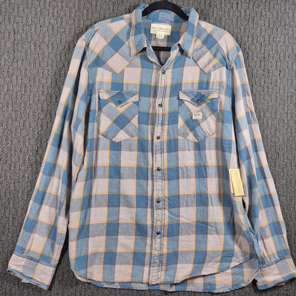 Ralph Lauren Denim Supply XL Western Flannel Shirt Plaid Pearl Snap Cowboy NWT